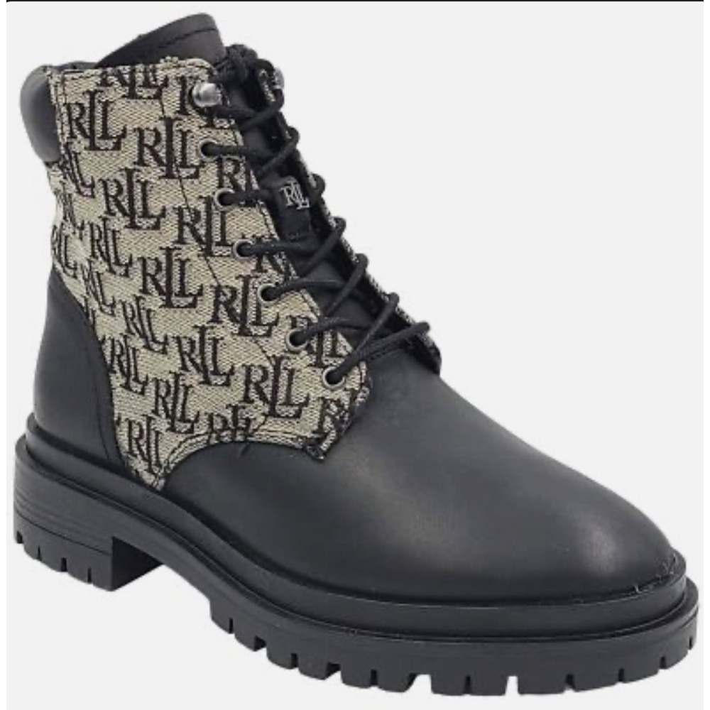 Lauren Ralph Lauren Women Combat Boots Carlee Size 7 Black Jacquard Monogram
